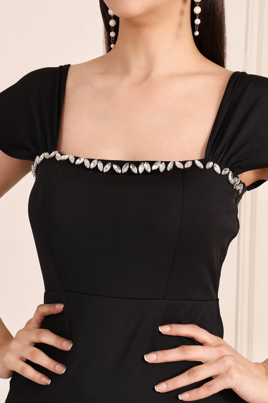 Beaded Neckline padded Dress